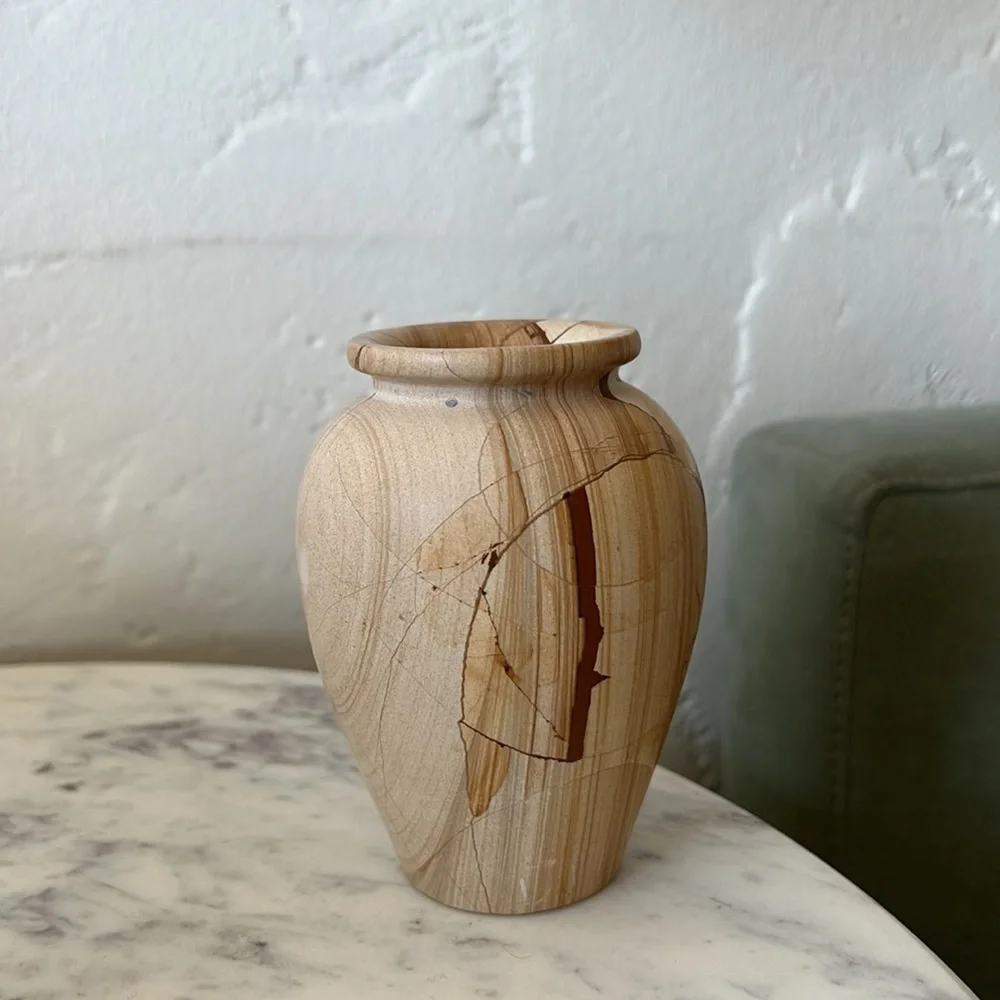 Vintage heavy small stone vase tan beige
